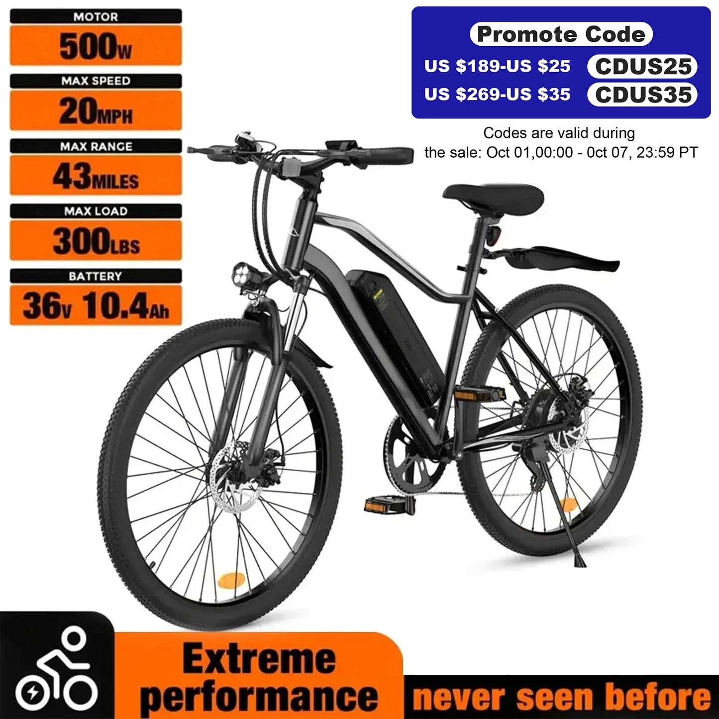 Electric Bike for Adults, 26" Electric Mountain Bike With 500W Brushless Motor, 23MPH Top Speed Electric Bicycle with 3