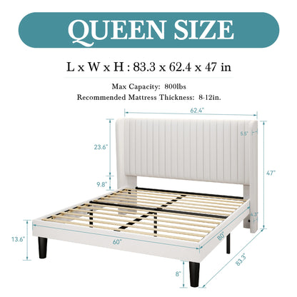 HOOMIC Velvet Upholstered Bed Frame, Vertical Channel Tufted Wingback Headboard, Wooden Slats Support Allewie