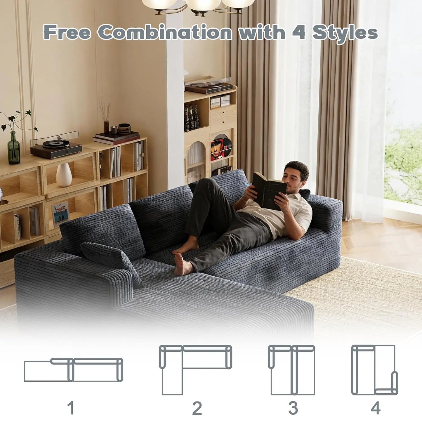 106" Corduroy Sectional Couch, Boneless L Shaped Couch with Deep Seat, Cloud Foam Sofa with Oversized Chaise, Sectional Sofa No