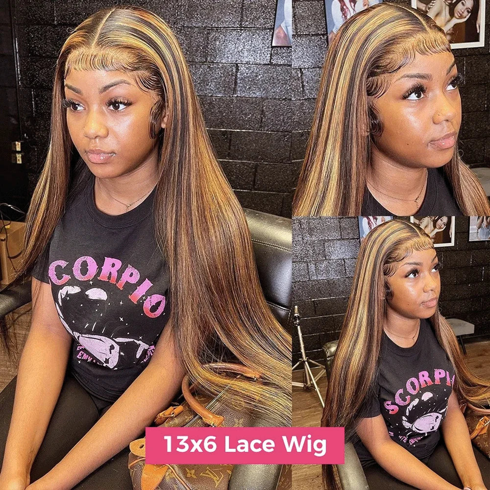 200 Density P4/27 Highlight Full Frontal Lace Preplucked Colored Straight Frontal Wig 36Inch HD Transparent Lace Human Hair Wigs