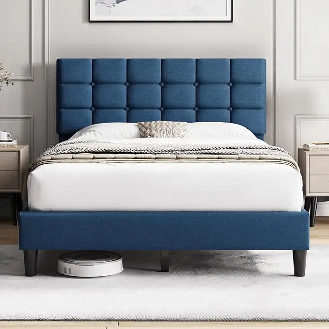 Upholstered Bed Frame, Modern Queen Bed Platform with Square Stitched&Button Tufting Headboard Height Adjustable, Wooden