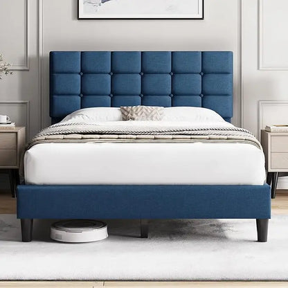 Upholstered Bed Frame, Modern Queen Bed Platform with Square Stitched&Button Tufting Headboard Height Adjustable, Wooden