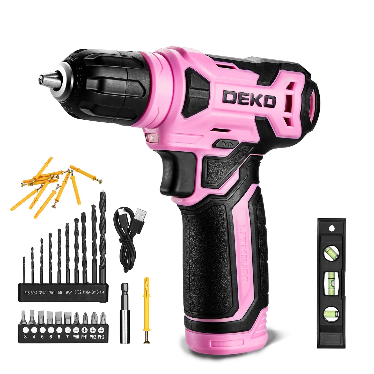 DEKO 8V Cordless Drill Set Mini Power Driver with 3/8"Keyless Chuck 42pcs Acessories Built-in LED Power Drill for Drilling