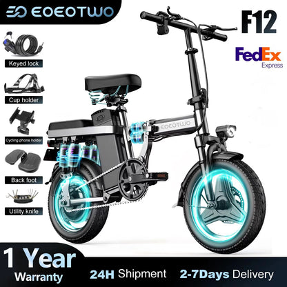 EOEOTWO F12 Foldable Electric Bike for Adults,14'' Commuter E Bike,600W Peak,22-25mph,32Miles Range,48V Removable Battery,Bikes