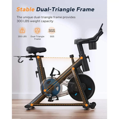 Exercise Bike, Brake Pad Stationary Bike with Exclusive App, Low Noise Indoor Cycling Bike with 300lbs Weight Capacity