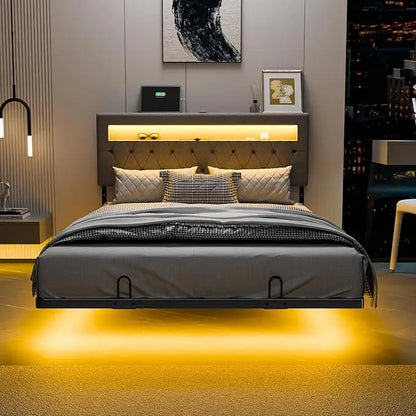 Full Size Floating Bed Frame with Charging Station,Modern Metal Full Bed with led Lights,Easy Assembly,Upholstered Bed Frame