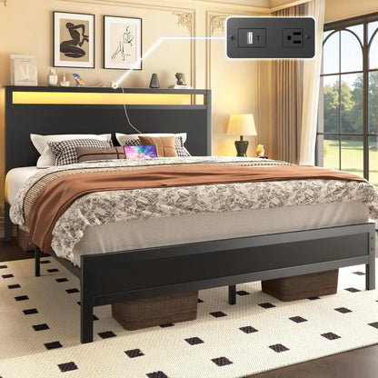 Bed Frame with Headboard & Footboard, Bed Frame with Built-in Charging Station & LED Light, Storage Shelf,, Customized