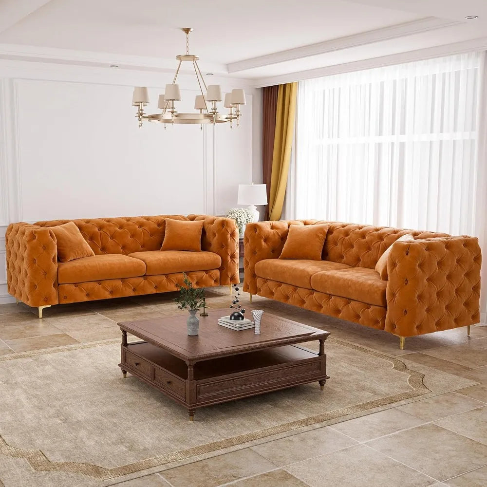75" Sofa Couch Mid Century Modern Velvet Couch Tufted Button Sofa High Armrest & Metal Gold Legs Luxury Chesterfield Decor with