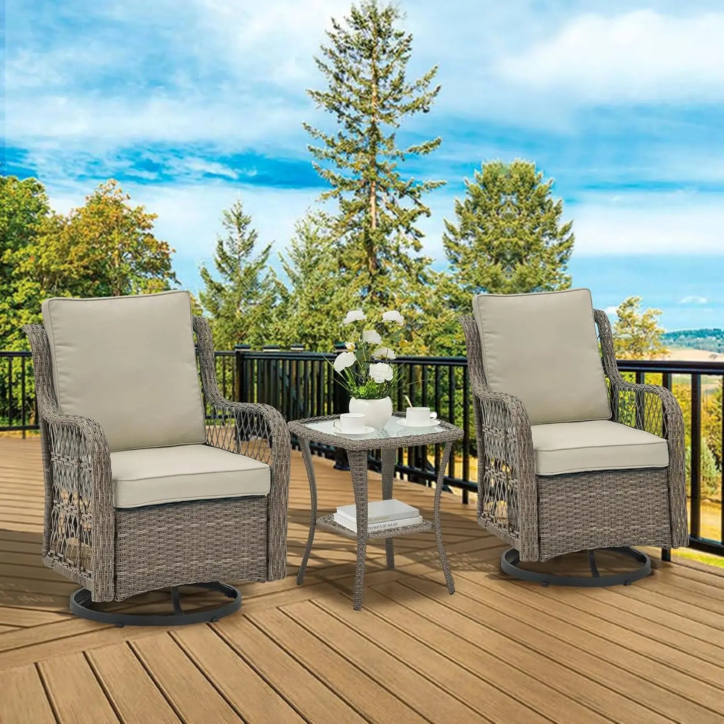 3 piece outdoor patio set, wicker rocking bistro set with 2 swivel chairs & tempered glass top table, rattan outdoor furniture