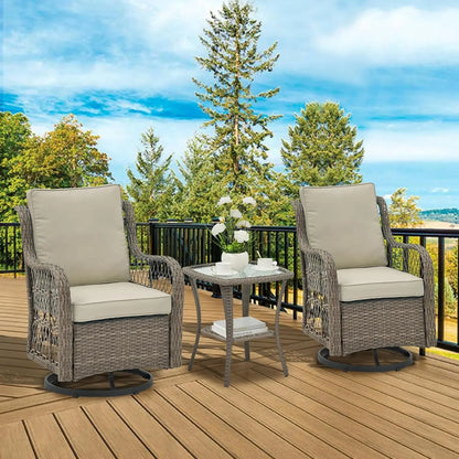 3 piece outdoor patio set, wicker rocking bistro set with 2 swivel chairs & tempered glass top table, rattan outdoor furniture