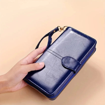 Women's Vintage Oil Wax PU Leather Clutch Wallet Female Large Capacity Phone Purse Ladies Wristband Simple Card Holder Pouch Bag