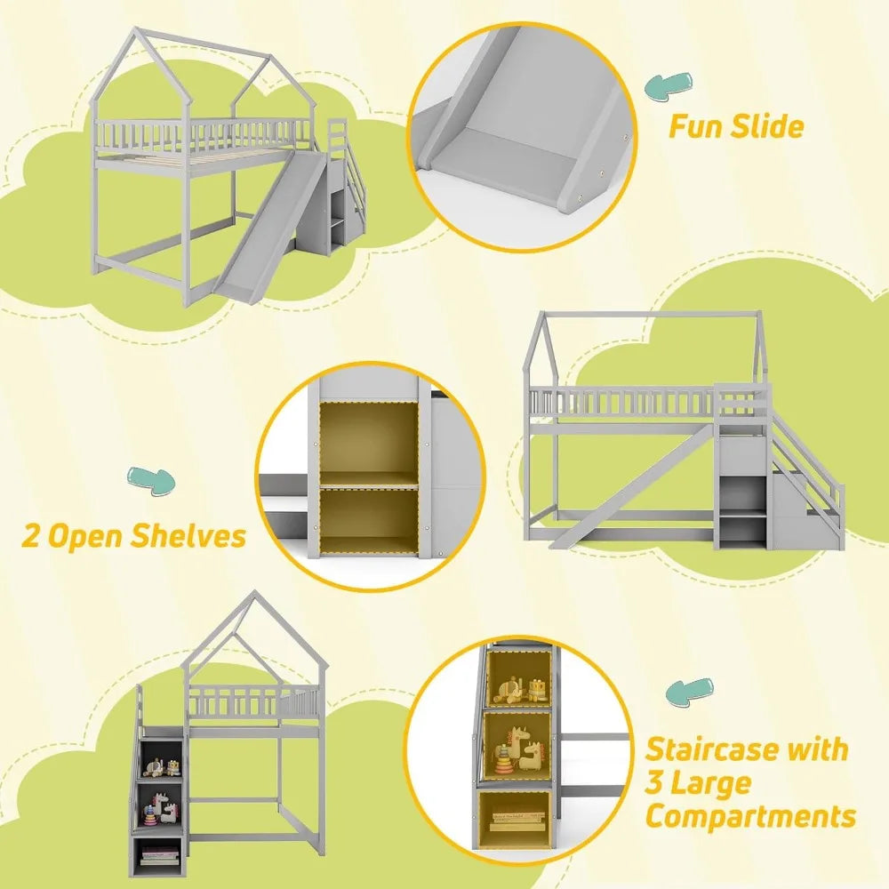 Bunk Bed Twin Over Twin with Slide & Stairs, Wood Bunk Bed with Storage Shelves, No Box Spring Needed, Twin Floor