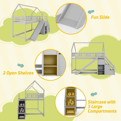Bunk Bed Twin Over Twin with Slide & Stairs, Wood Bunk Bed with Storage Shelves, No Box Spring Needed, Twin Floor