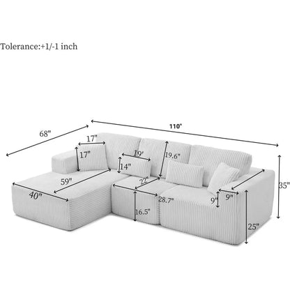 110" Modular Sectional Sofa, Corduroy Upholstered Deep Seat Couch for Living Room Bedroom, Left Facing Chaise Beige