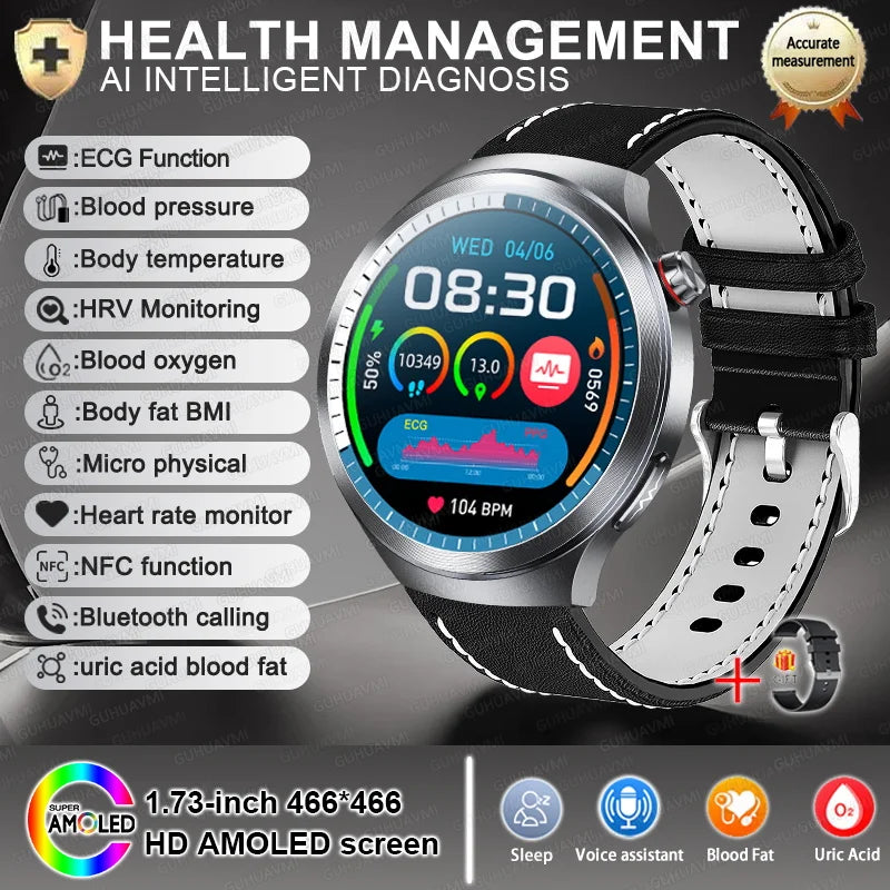 New 1.73" Sapphire Glass Uric Acid Blood Fat Health Trackr SmartWatch Blood Pressure ECG+PPG Clock Body Analysis Smartwatchs Men