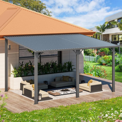 14x10 Hard Top Lean-to Gazebo Pergola with Wall-Mounted Steel Roof 140sqft Shade for Patio Deck Backyard Customized