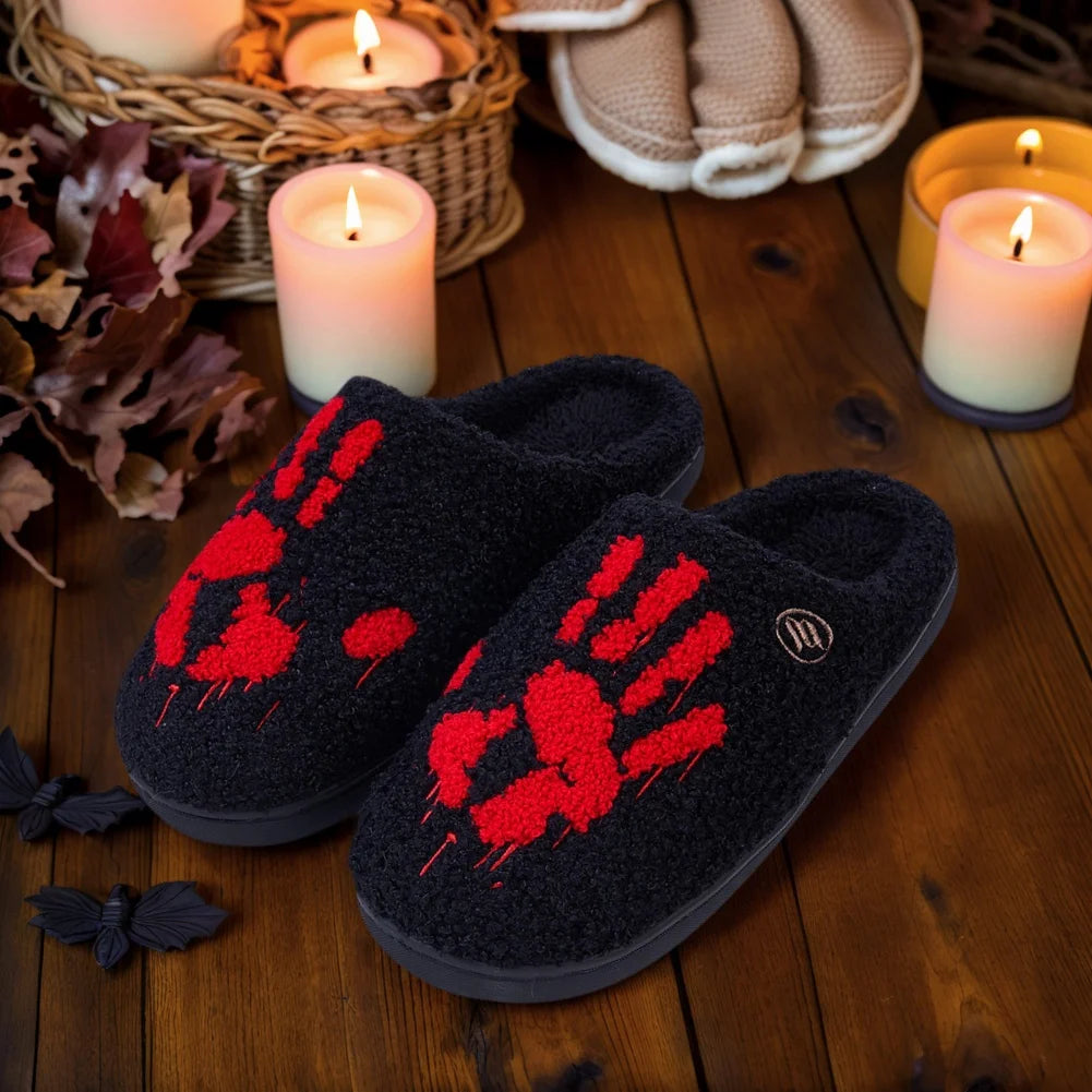 Halloween Palm Plush Slippers Warm Slip-on House Shoes Comfortable Flat Thermal Slippers Fluffy Home Slippers for Autumn Winter