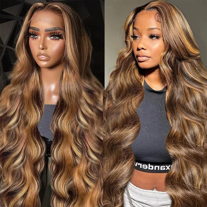 180 200 Density 100% Human Hair Body Wave Wigs P4/27 Highlight Colored 13x4 13x6 HD TranspatentLace Frontal 18-46 Inch Remy Hair