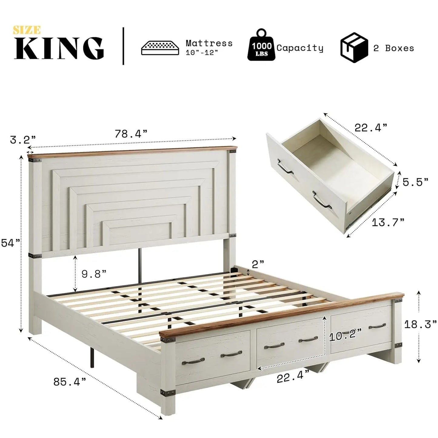 Farmhouse King Size Bed Frame with 54" Tall Geometric Headboard & Footboard, Rustic Wood Platform Bed Frame, Customized
