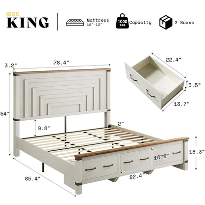 Farmhouse King Size Bed Frame with 54" Tall Geometric Headboard & Footboard, Rustic Wood Platform Bed Frame, Customized