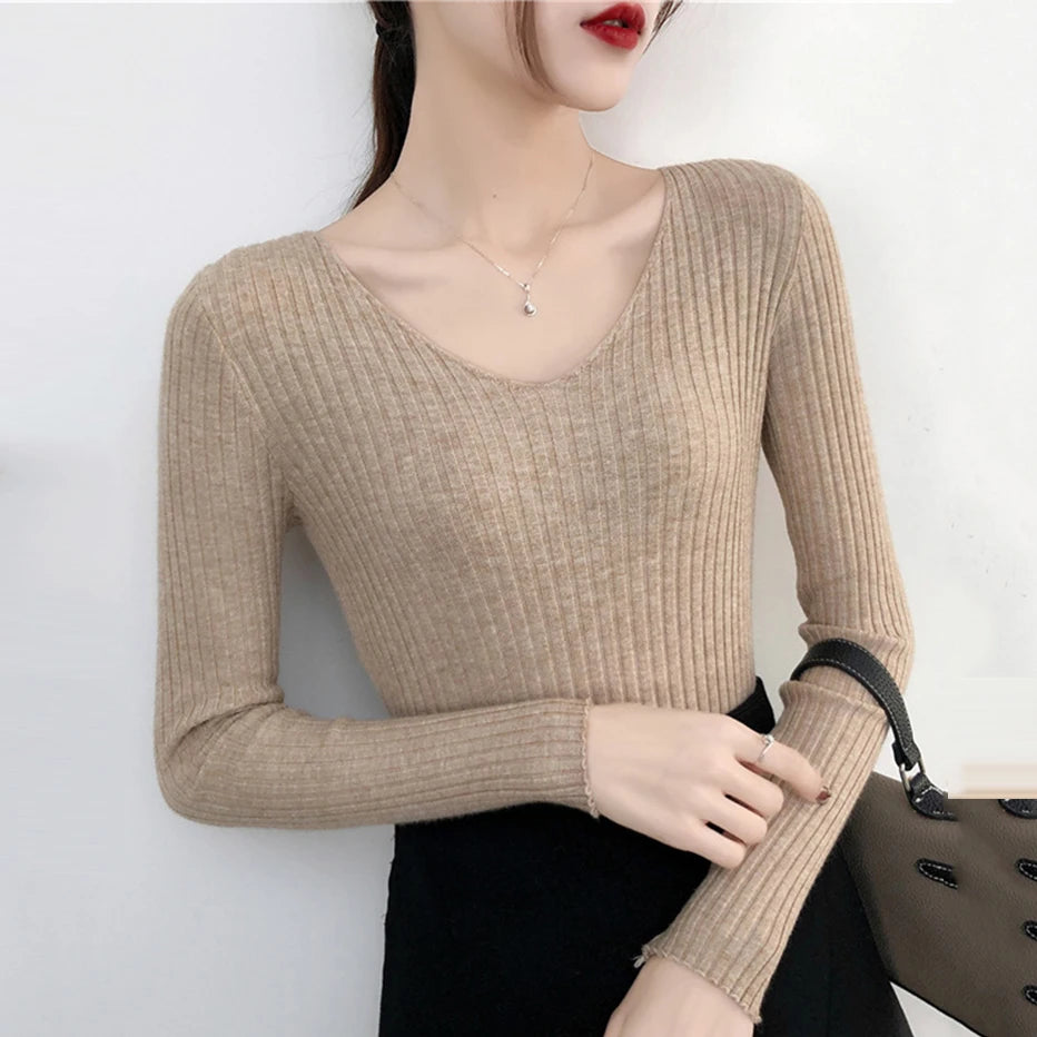 2025 Autumn Winter Women Solid Rib Knit V Neck Stripe Pull Sweater Femme Long Sleeve Pullover Jersey Tops Fashion Clothes Y2k