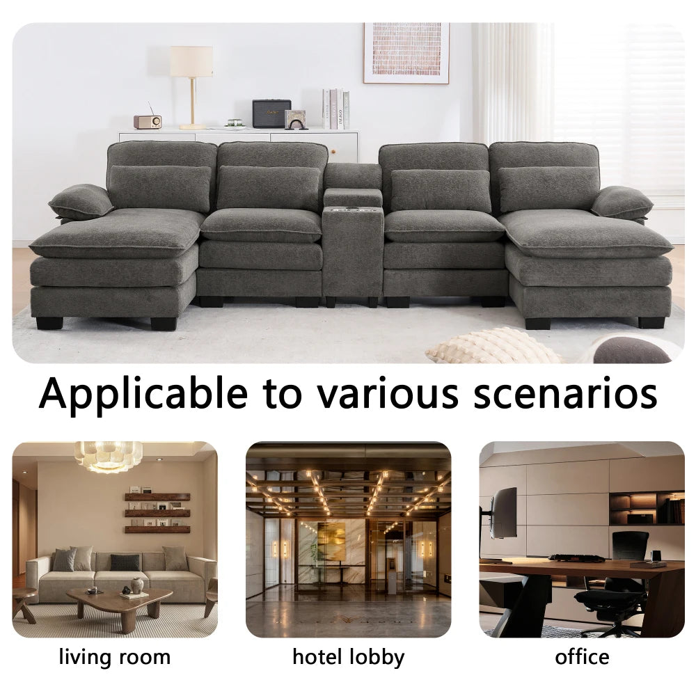 124" Luxury Modern Modular U-Shaped Sectional Sofa, 4-Seater Chenille Cloud Couch w/ Storage Console, Cup Holders & Pillows