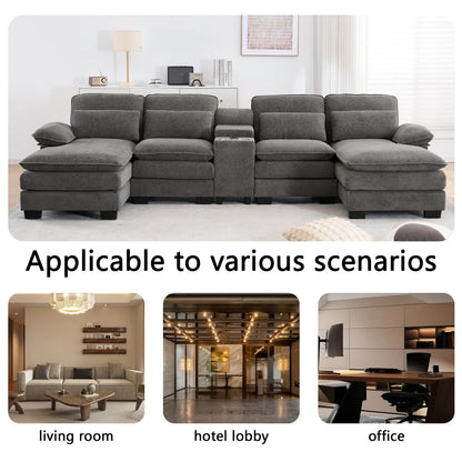 124" Luxury Modern Modular U-Shaped Sectional Sofa, 4-Seater Chenille Cloud Couch w/ Storage Console, Cup Holders & Pillows