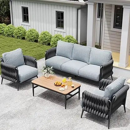 Outdoor Patio Furniture Set 6-Piece, Outdoor 5-Seat Sofa with Coffee Table, Waterproof Thick Cushion Patio Conversation Set, All