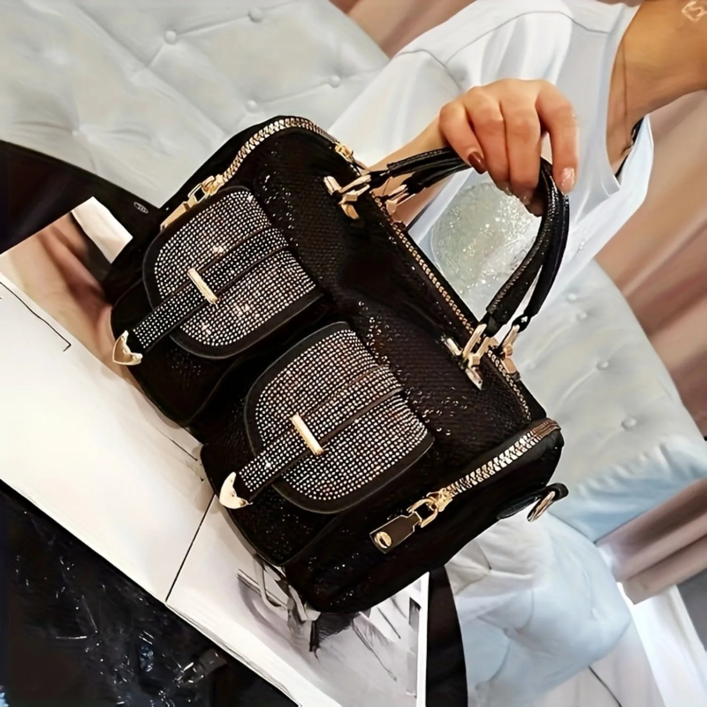 2025 New elegant women's rhinestone sequin handbag, large capacity casual shoulder and crossbody bag, women's casual handbag