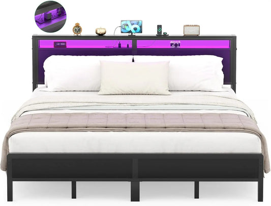 King Size Bed Frame with Headboard & LED Lights, Heavy Duty Metal Platform Bed, No Box Spring Needed, Industrial Design, Black