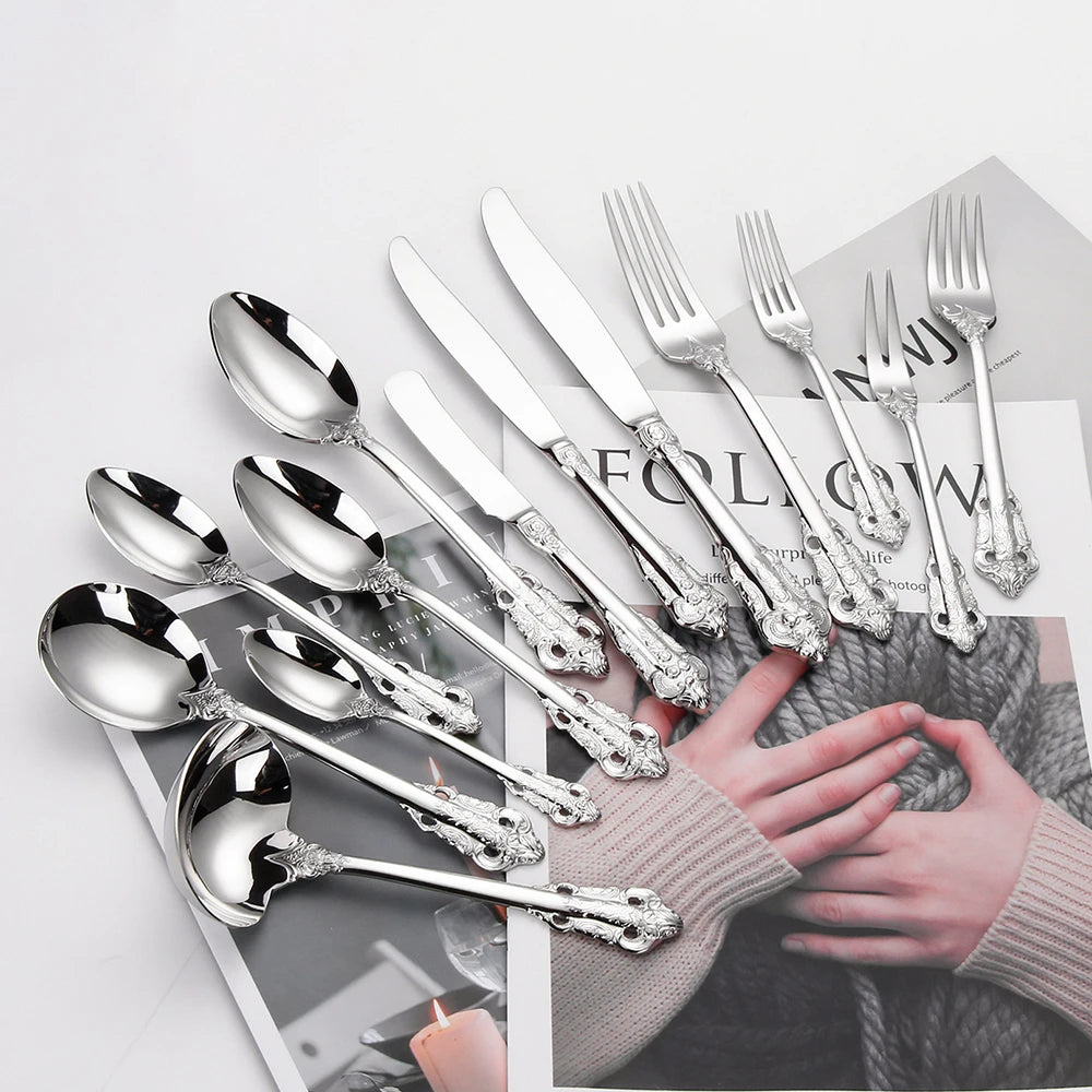 Vintage Western Stainless Steel Cutlery Set Luxury Tableware Wedding Engraving Dinnerware Knife Fork Spoon Sliverware 1 Pcs