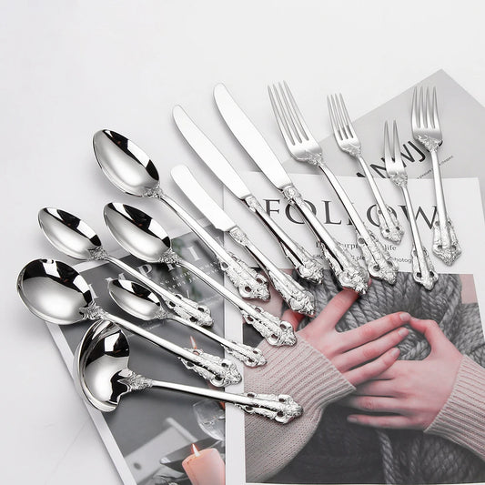 Vintage Western Stainless Steel Cutlery Set Luxury Tableware Wedding Engraving Dinnerware Knife Fork Spoon Sliverware 1 Pcs