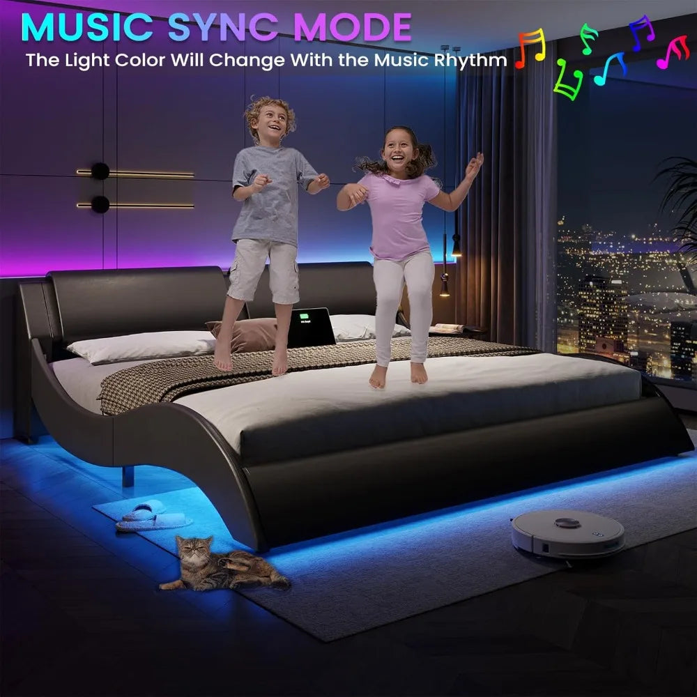 Modern King Size LED Bed Frame with USB Charging Ports, Low Profile Platform Bed with RGB Lights and Wood Slats Support, Black