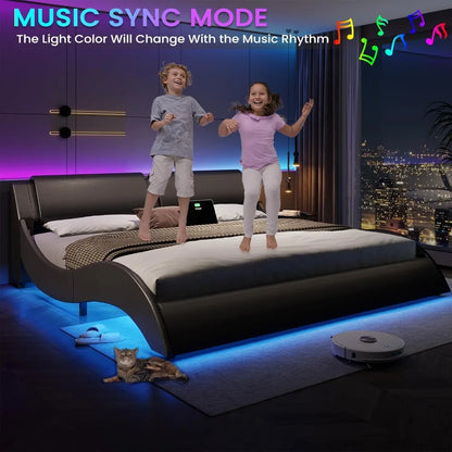 Modern King Size LED Bed Frame with USB Charging Ports, Low Profile Platform Bed with RGB Lights and Wood Slats Support, Black
