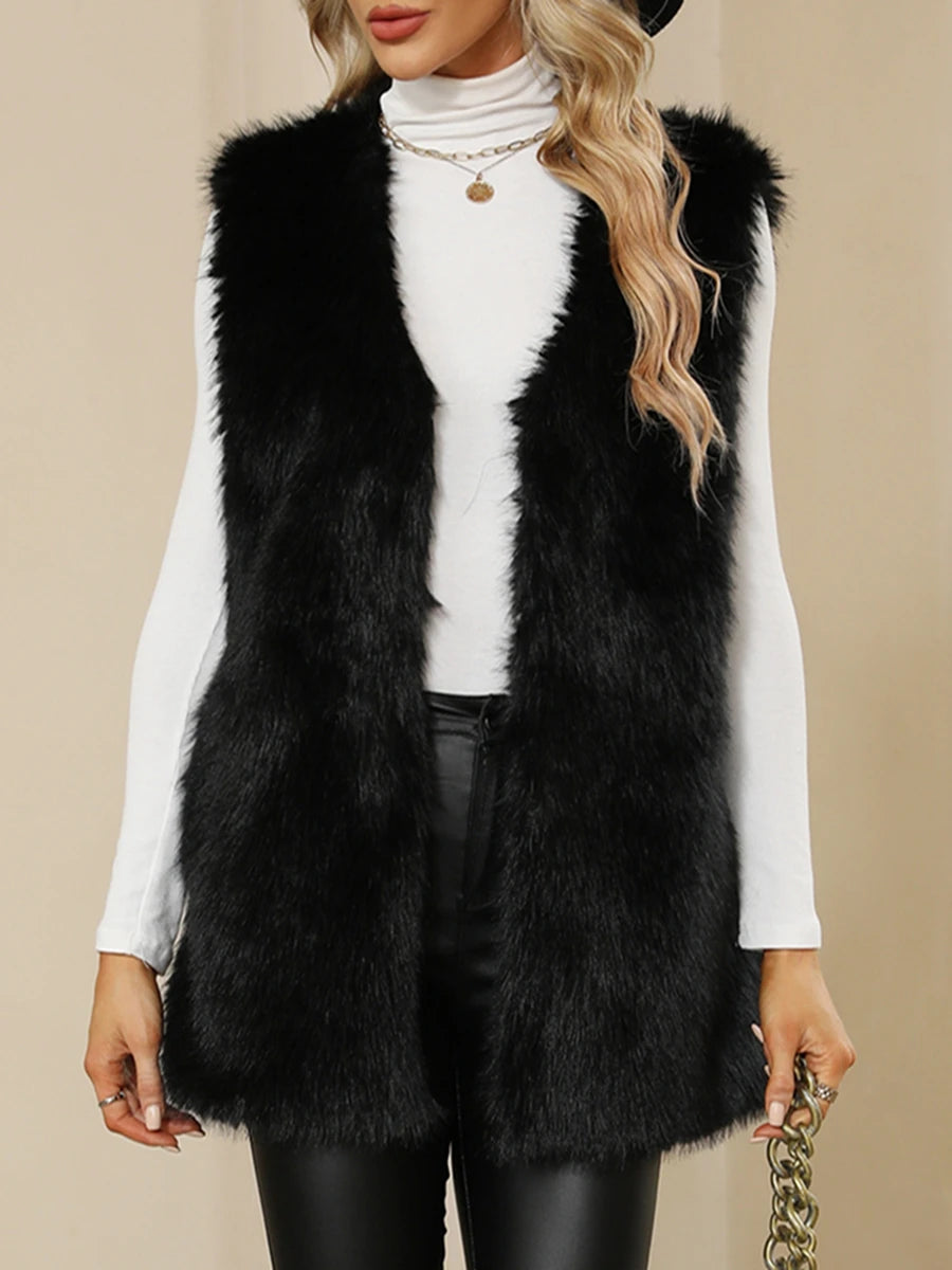 Ladies Winter Sleeveless Vest Button-Up Faux Fur Jacket with Solid Color Design for Warmth and Style