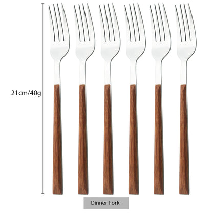 6/24pcs Wooden Handle Cutlery Set Brown Silver Dinnerware Set Stainless Steel Forks Spoons Knife Tableware Kitchen Flatware Set
