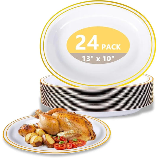 YOUBET 24PCS Oval Plastic Plates 13 inch Super Strong White and Gold Disposable Platters Heavy Duty Serving Trays for BBQ Picni
