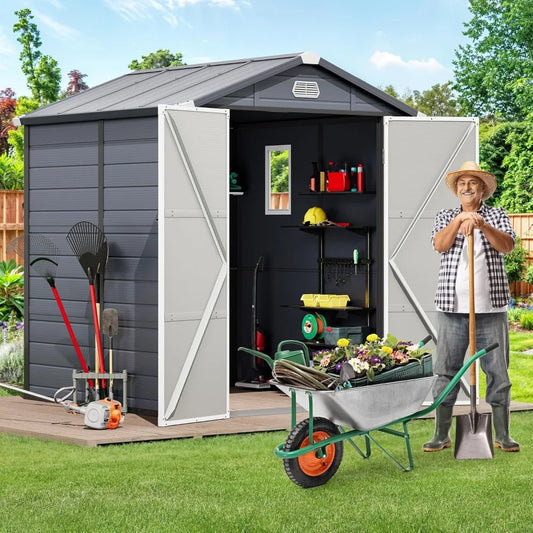 6x6FT Outdoor Plastic Storage Shed without Floor, Weather-Resistant with Lockable Doors, Window, and Vents
