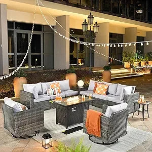 11 Piece Outdoor Patio Furniture Set with Fire Pit Table,Conversation Sectional Wicker Couch with Swivel Chairs,Modern Outside