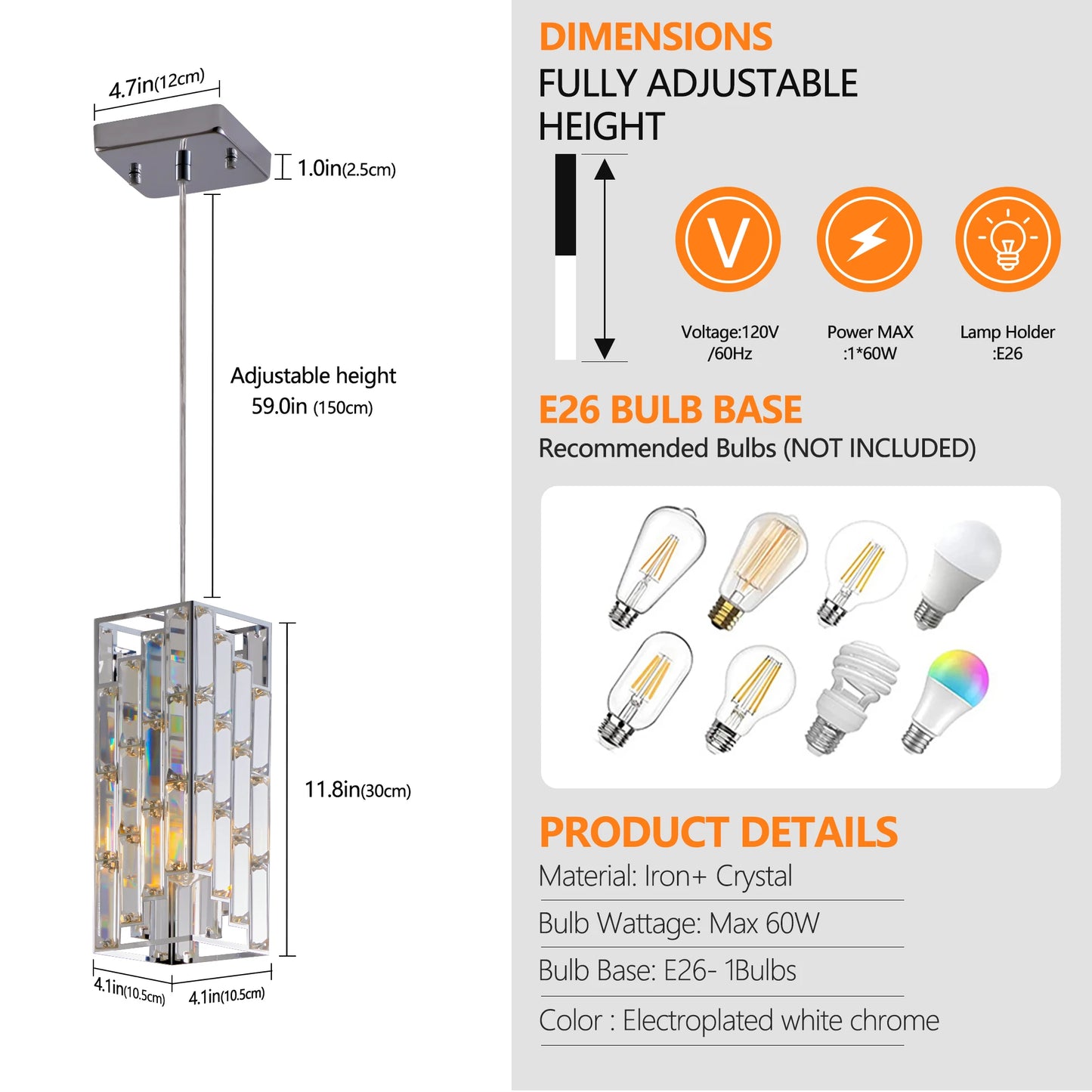 Modern Crystal Pendant Light - 3 Pack, Adjustable Hanging Ceiling Lamp with Crystal Prism Design -Chrome Finish