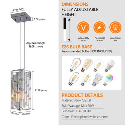 Modern Crystal Pendant Light - 3 Pack, Adjustable Hanging Ceiling Lamp with Crystal Prism Design -Chrome Finish