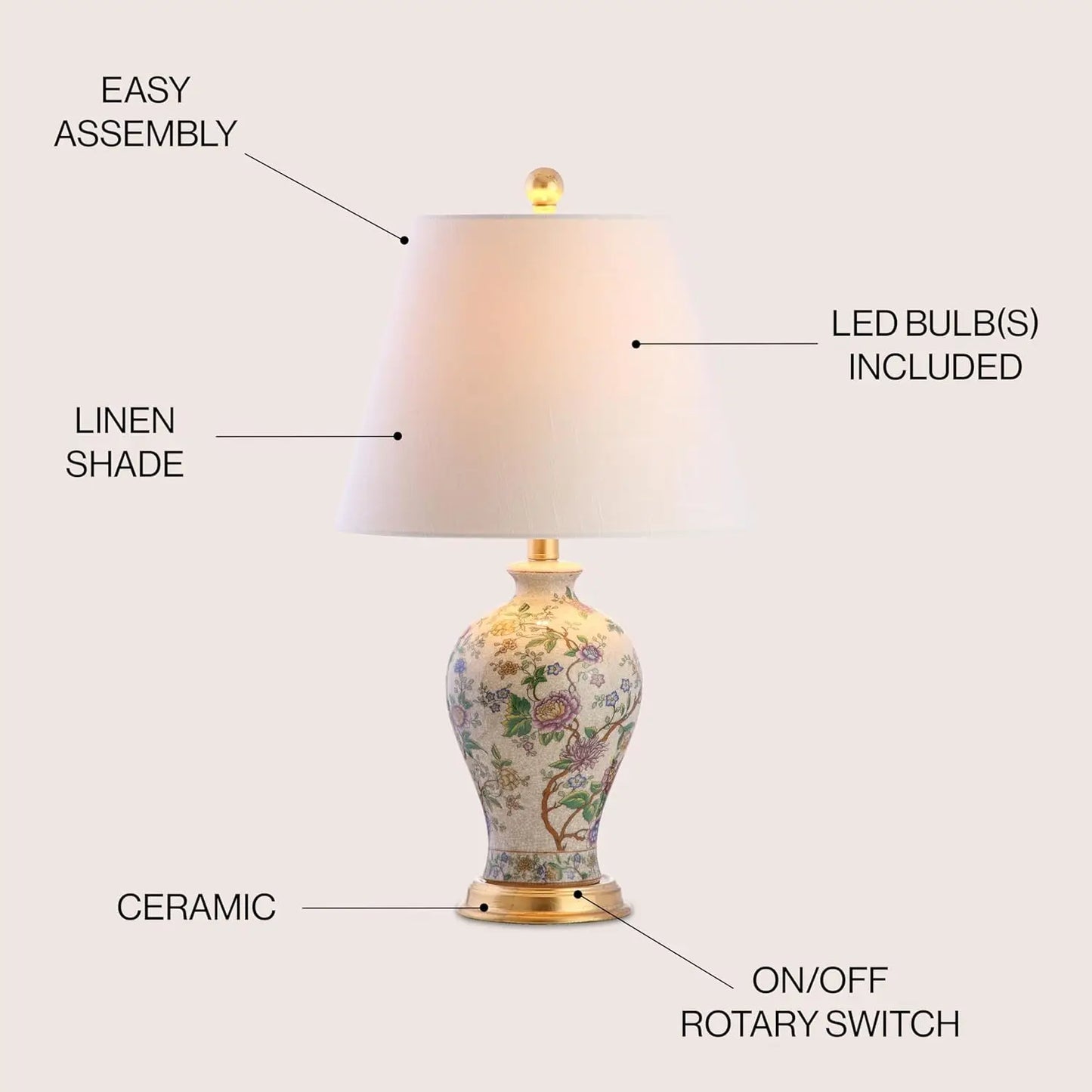 Grace 24" Floral LED Table Lamp for Bedroom, Living Room, Office - Classic Cottage Style with Included Bulb