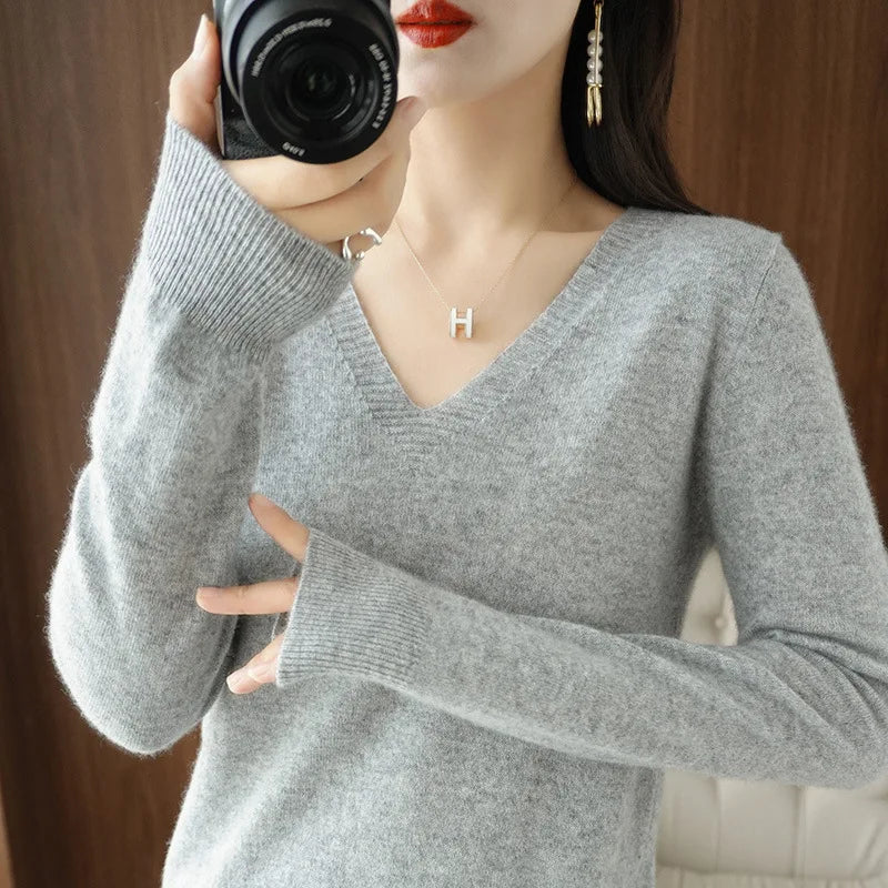 Autumn And Winter Cashmere Sweater New Women's V-neck Pullover Lace Neck Hollow Out Design Casual Knitted Long Sleeve Women's