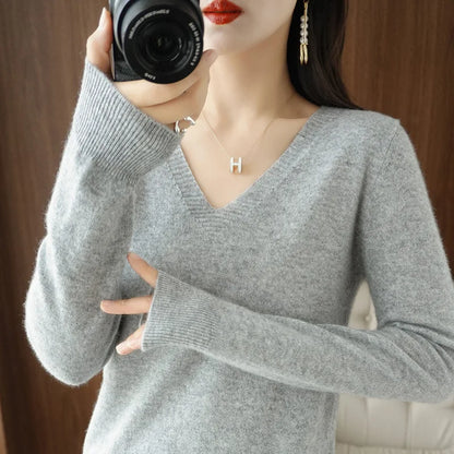 Autumn And Winter Cashmere Sweater New Women's V-neck Pullover Lace Neck Hollow Out Design Casual Knitted Long Sleeve Women's