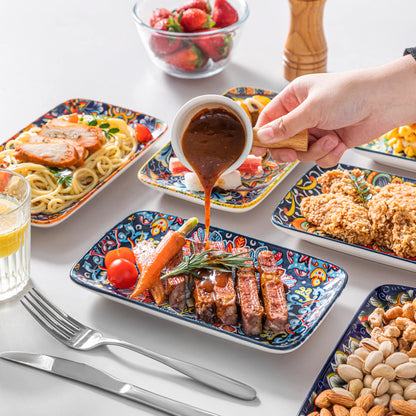 vancasso 6/12 Piece Porcelain Rectangular Serving Plates Bohemian 8.5inch Dinner Plates Set for Beef/Food/Noodles/Pasta 6 People