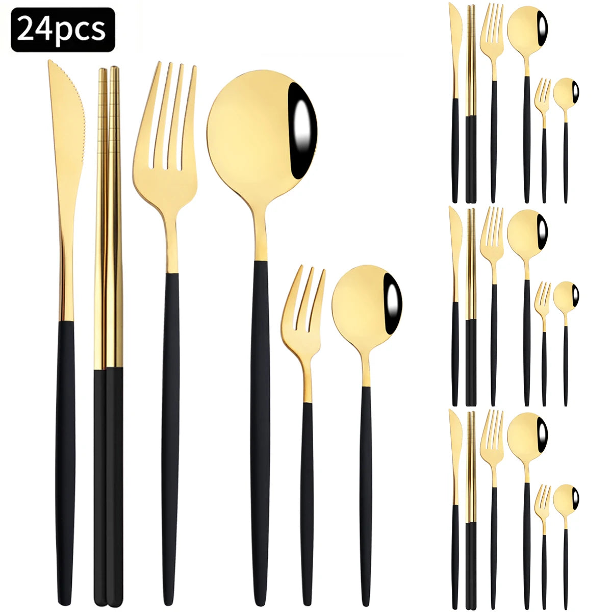 24pcs Silver Stainless Steel Cutlery Set Mirror Dinnerware Set Fork Knife Spoon Chopsticks Tableware Teaspoon Cake Fork Flatware