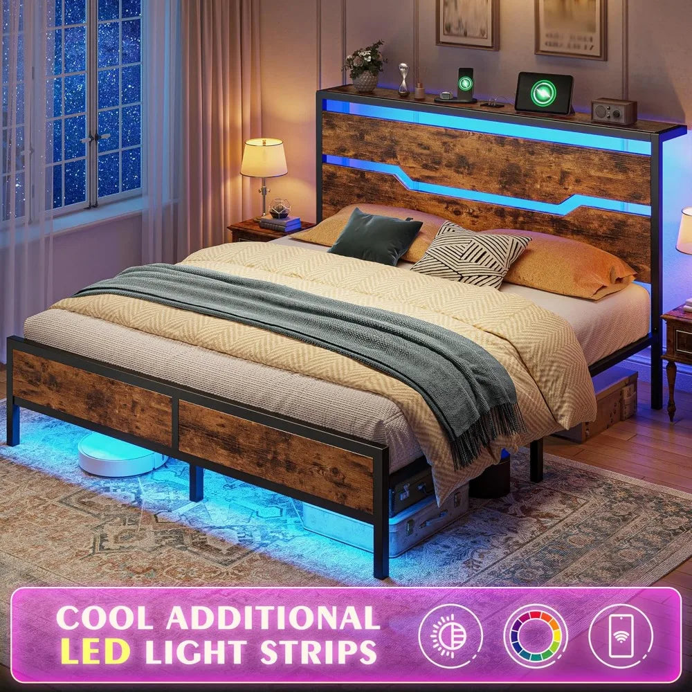 Bed Frame with Headboard,Bed Frame Queen Size with LED Lights & Charging Station & 13" Under Bed Storage, All-Metal Support
