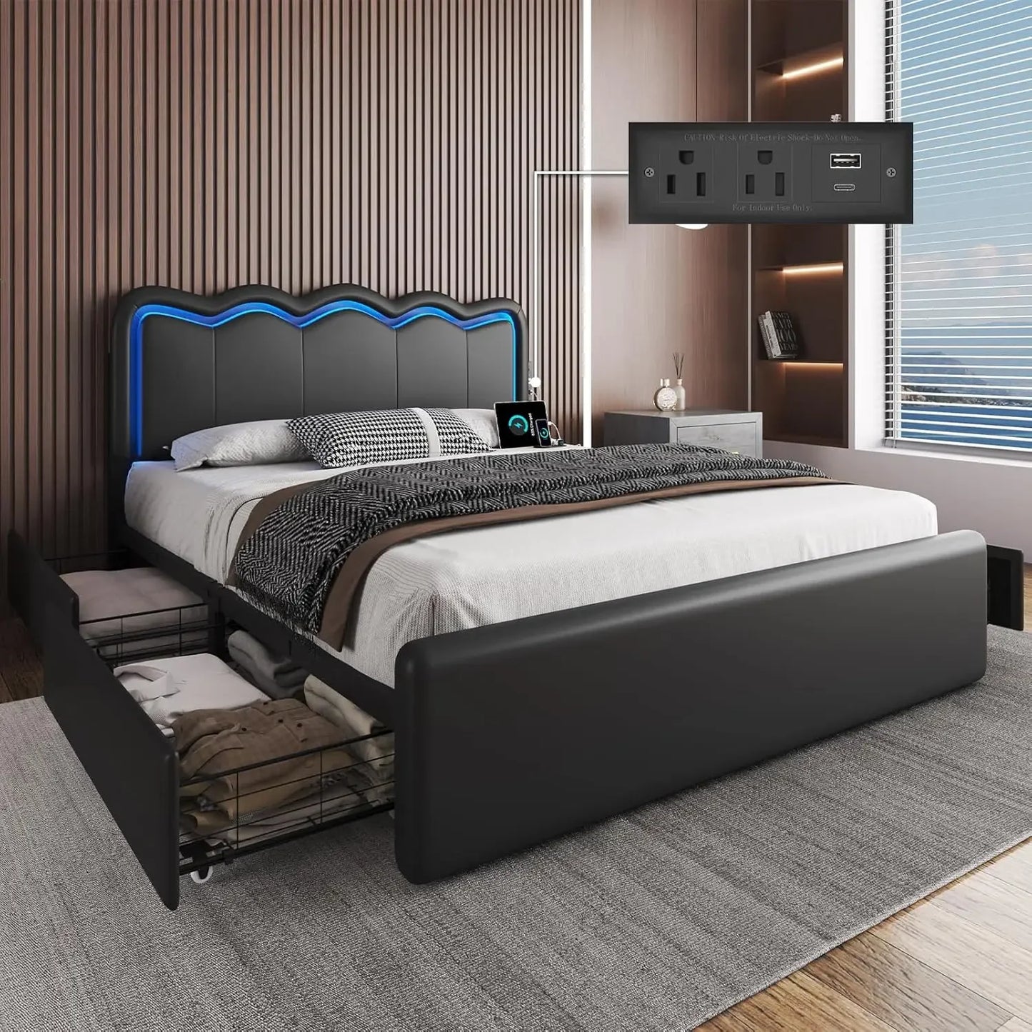 Bed Frame with 4 Storage Drawers and LED Lights, Upholstered Platform Bed with Adjustable Chic Double Wavy Headboard
