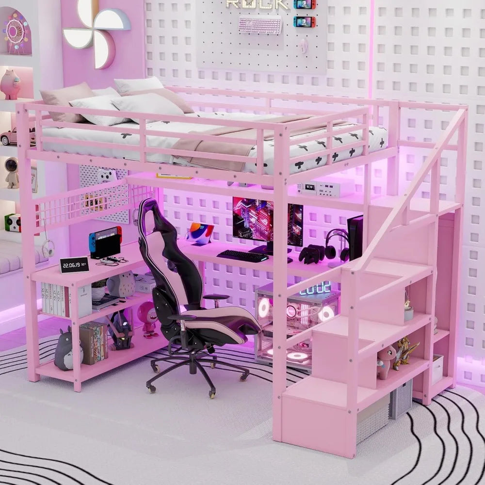 Full Size Loft Bed with LED Lights, Stairs, Desk & Storage for Adults Teens Kids Gaming Room Pink