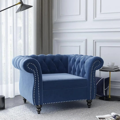 3 Piece Living Room Set, Velvet Chesterfield Sofa Loveseat Couch Chair with Scroll Arms and Nailhead for Living Room, Office (Bl